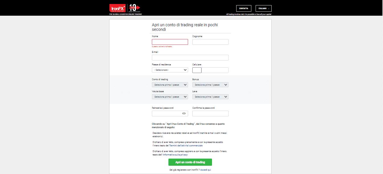 Apertura del conto con IronFX
